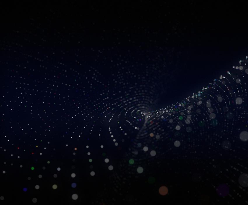 A beautiful background of particles creating an abstract wave going into the distance with a depth of field. 3D rendering, 3D illustration.