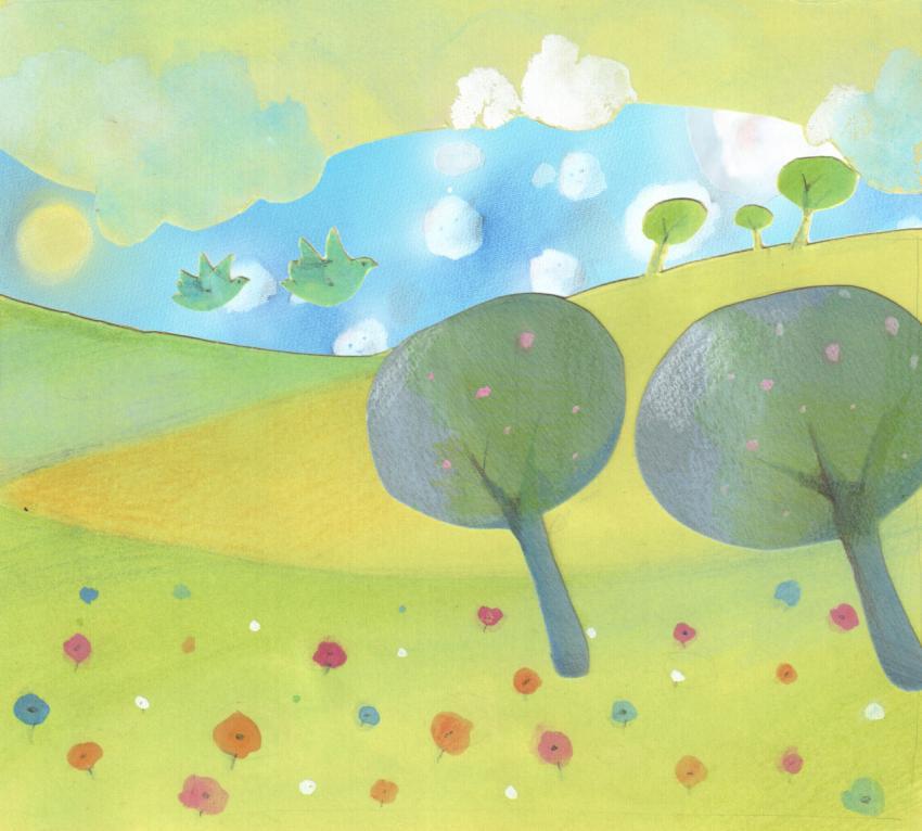 summer landscape with trees, birds, clouds and flowery meadows