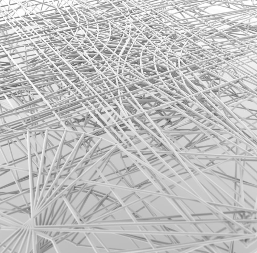 Abstract intricately interwoven multilayer lattice of fine white wire. 3D illustration, 3D rendering.