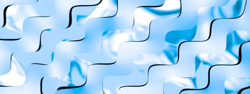 Wavy repeating thin sheets of blue aluminum on a gradient background with deep shadow. 3D illustration, 3D rendering.