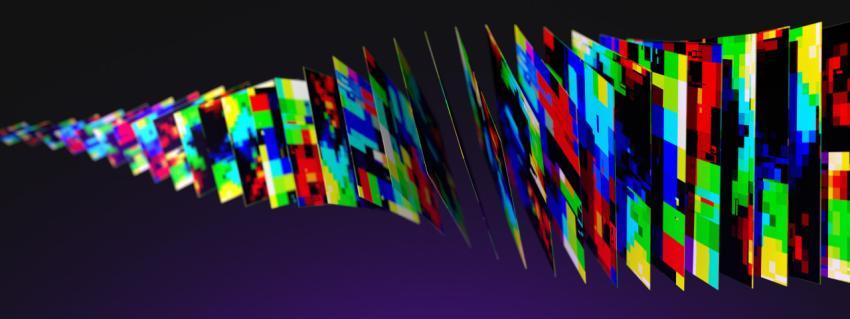 Digital color pixels in the form of square thin files are located at a distance like cards flying away into the distance and blur