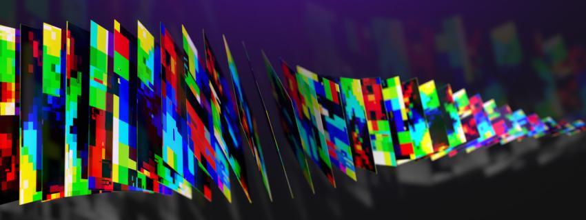 Digital color pixels in the form of square thin files are located at a distance like cards flying away into the distance and blur