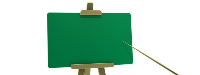 Green empty presentation board on a white background and a pointer for any information. Stylish minimalistic render