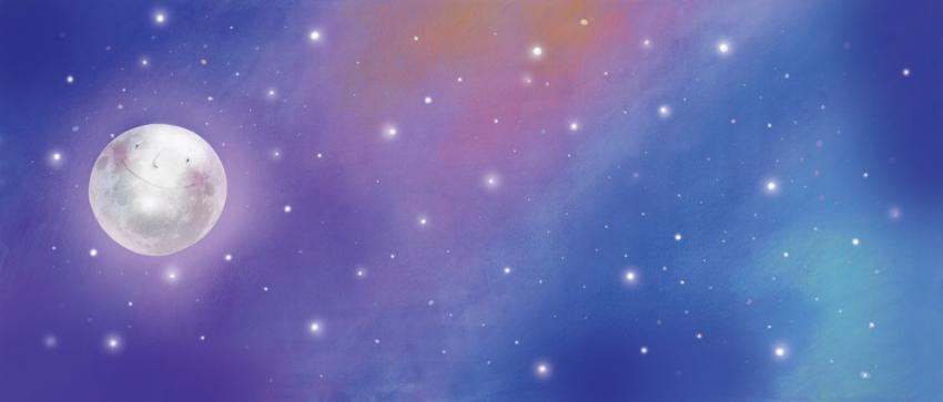 smiling Moon in bright, colorful starry universe