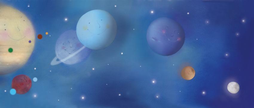 colorful planets and stars in deep, blue universe