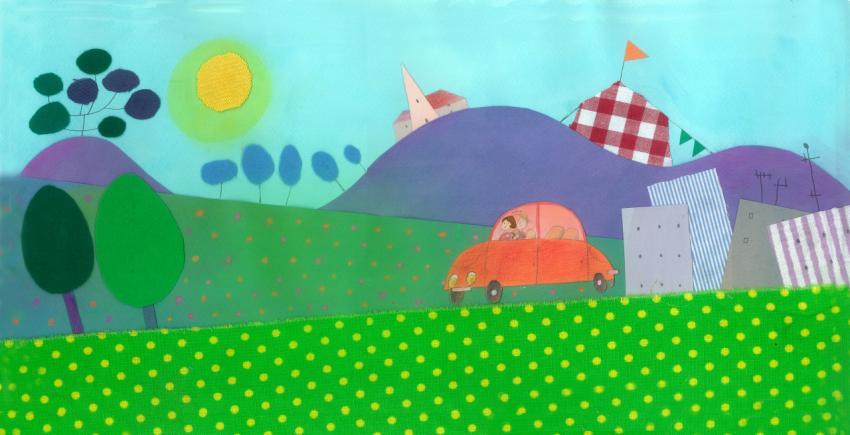 a red car driving through the colorful landscape