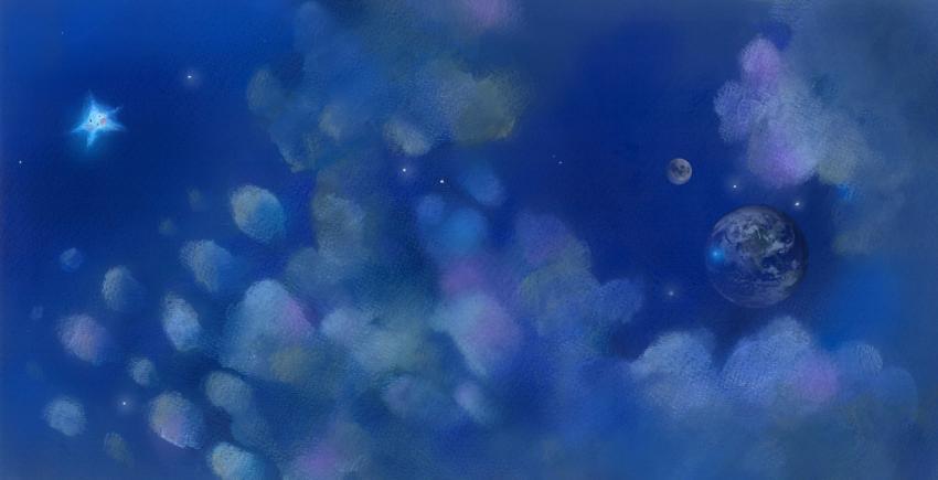 Earth, Moon and a little blue star in a blue, cloudy universe