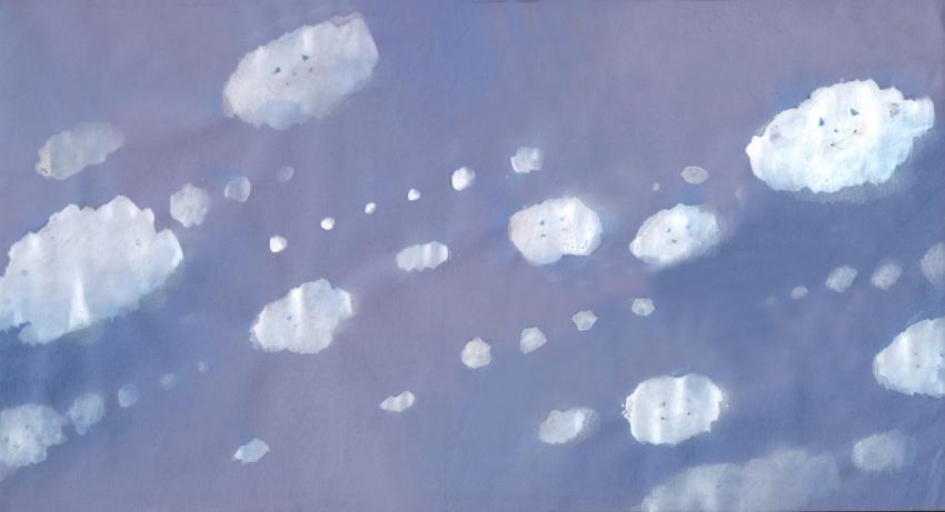 violet blue sky with happy fluffy white clouds