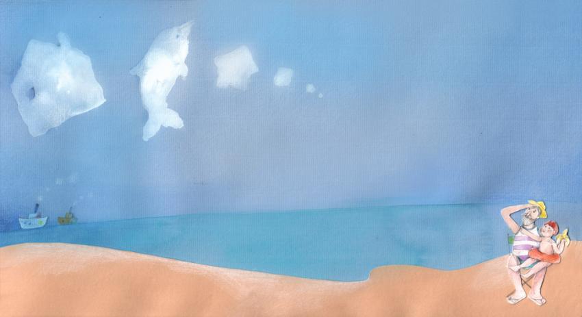 boy with his grandpa on a beach watching funny clouds