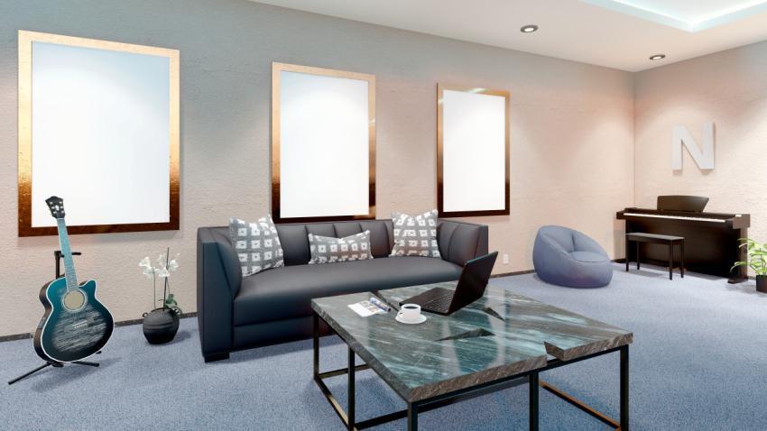 Light spacious interior with a sofa, coffee table, piano and guitar, 3D rendering, 3D illustration.