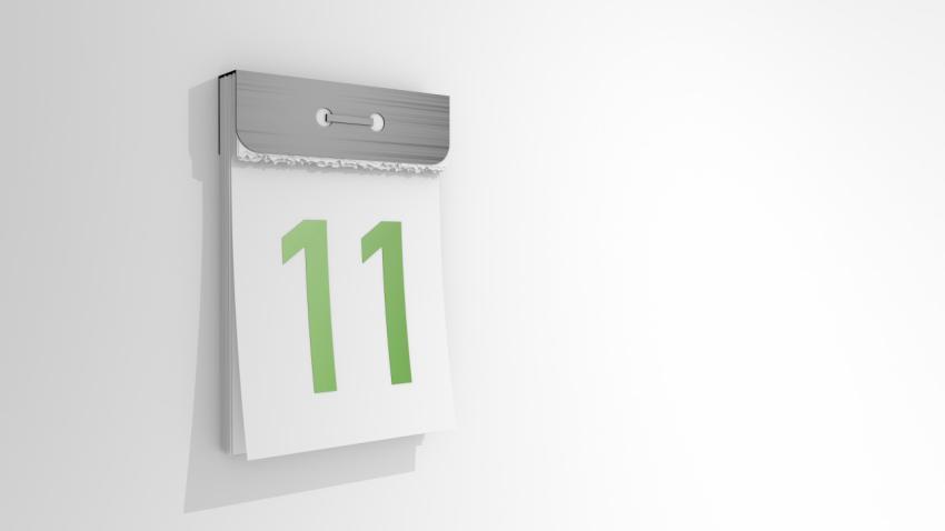Tear-off calendar with number 11. Stylish 3D rendering of the eleventh date. 3d illustration on white background day eleven.