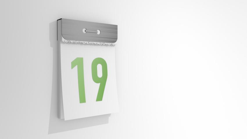 Tear-off calendar with number 19. Stylish 3D rendering of the nineteenth date. 3d illustration on white background day nineteen.