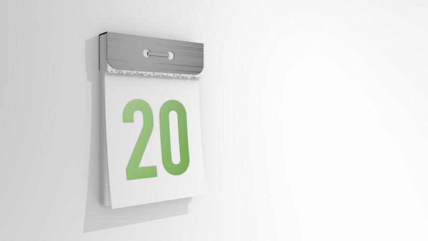 Tear-off calendar numbered 20. Stylish 3D rendering of the 20th date. 3d illustration over white background day twenty.