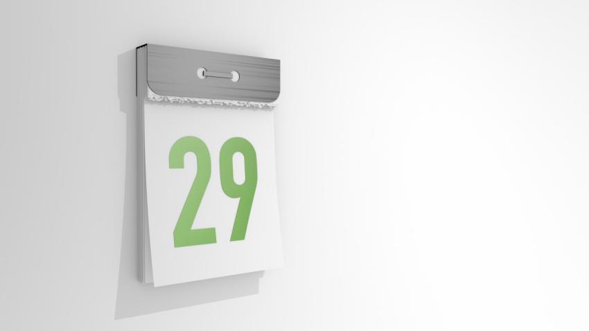 Tear-off calendar with number 29. Stylish 3D rendering of the twenty-ninth date. 3d illustration over white background day twenty nine.