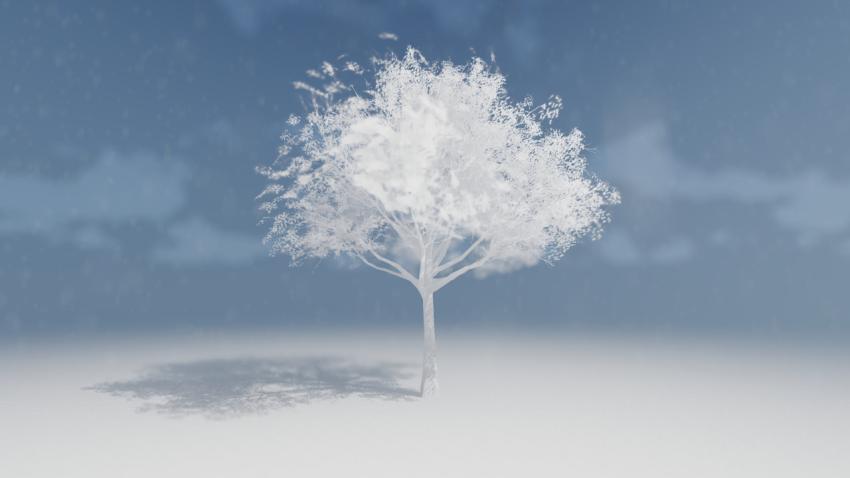 White stylized tree and its shadow on a background of blue sky with clouds