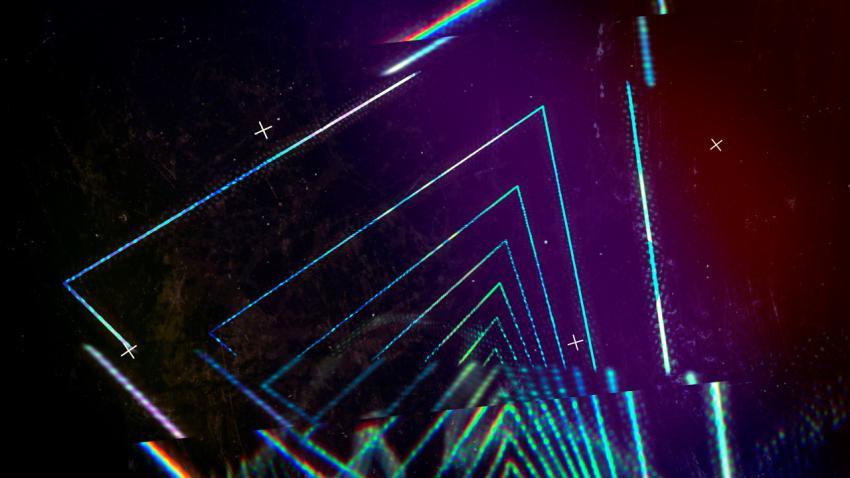 Beautiful abstract background on the theme of digital glitch. Cyberspace in dark blues, purples and reds with glowing neon triangles forming a tunnel