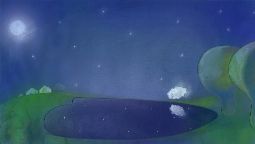 little fluffy cloud above a lake in a starry blue night