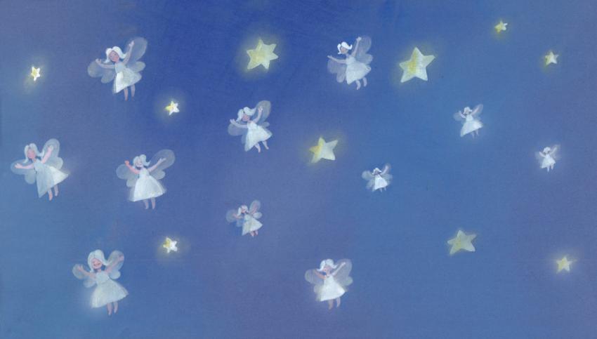 blue background with fairies and stars