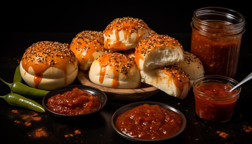 food and hot sauce with buns 1
