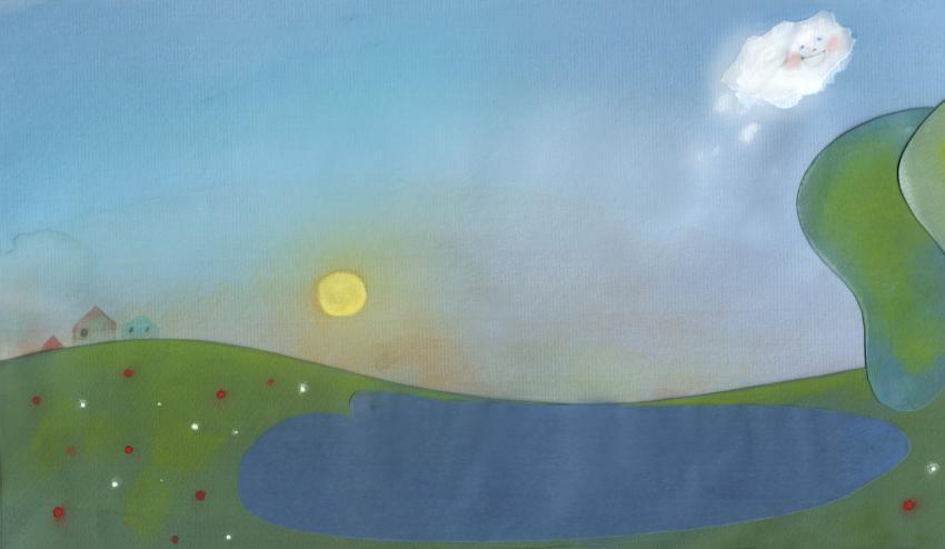 fluffy white cloud flying above a spring landscape with lake