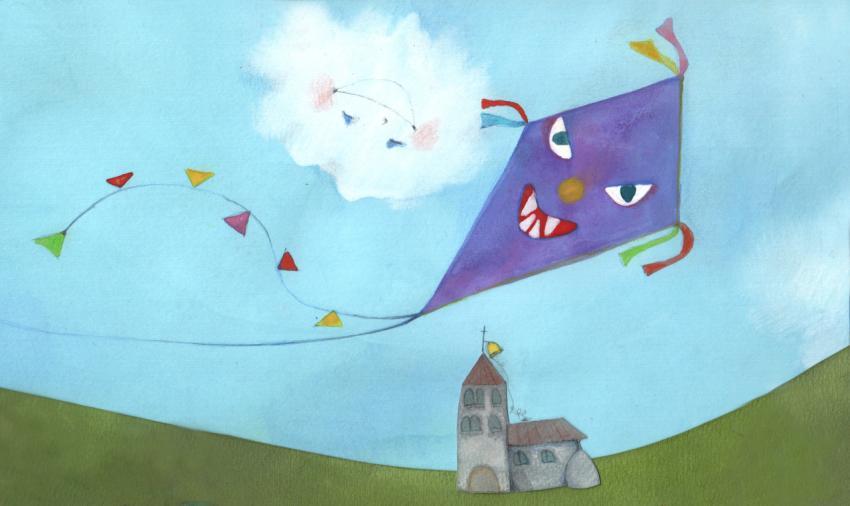 fluffy white cloud and a kite playing above the church
