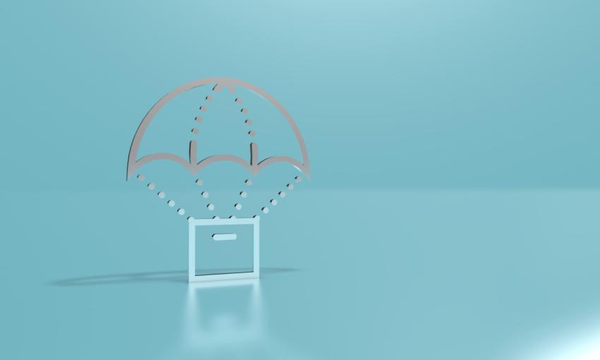 Outline icon of box with a parachute on a light blue background. 3D illustration, 3D rendering.