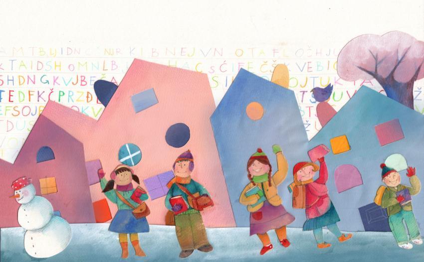 school children on the snowy, colorful street