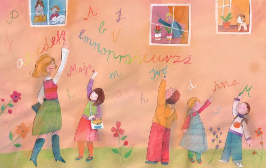 school children, teacher and letters
