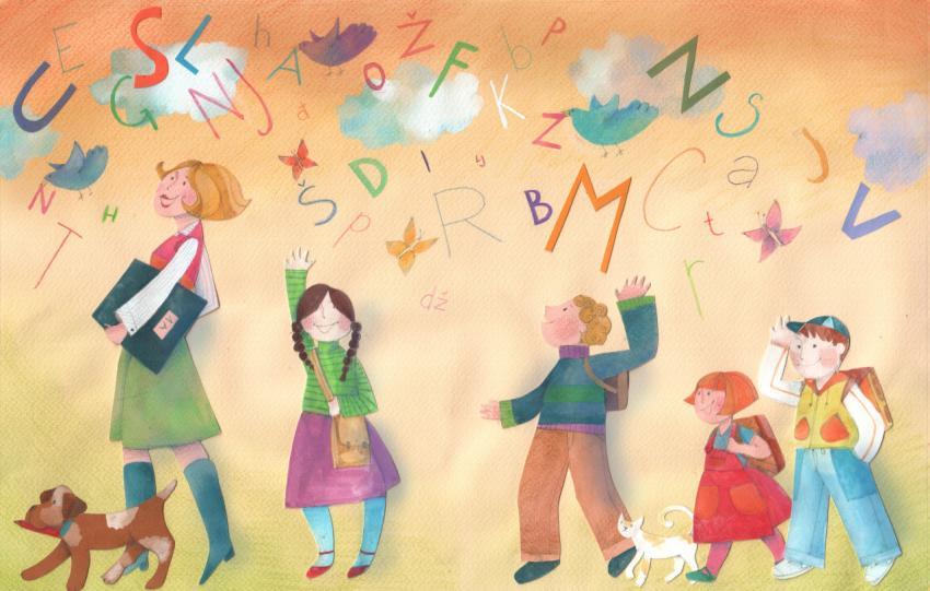 school children, teacher and letters