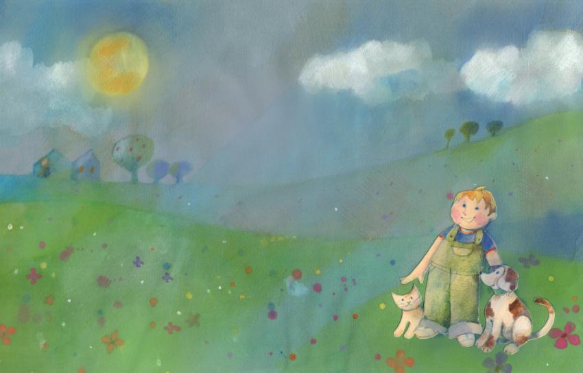 boy with his pets on a spring colorful meadow