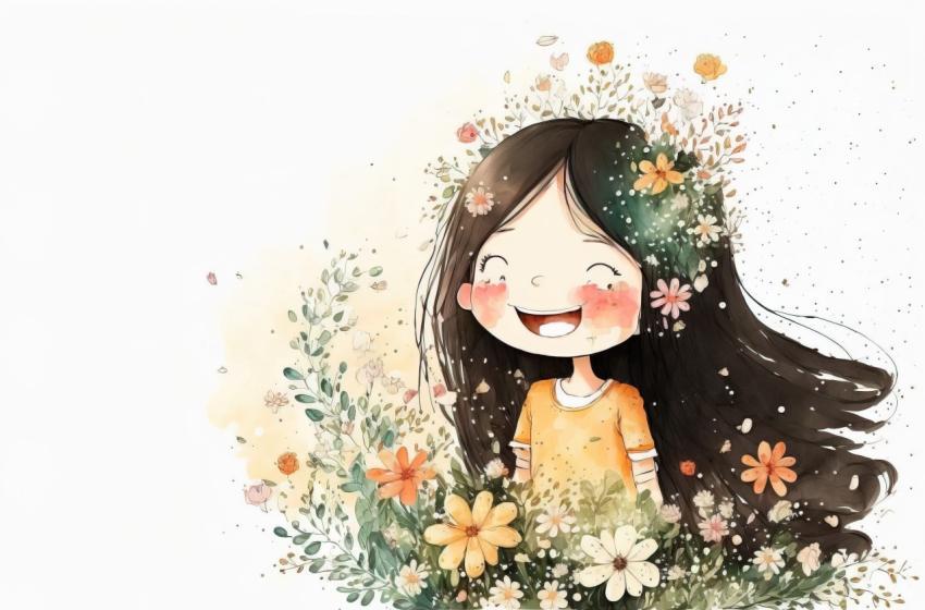 Drawing of a happy girl in chibi style
