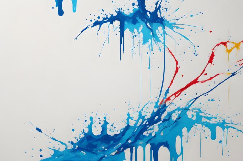 Abstract blue and red paint splashes on white background with copy space
