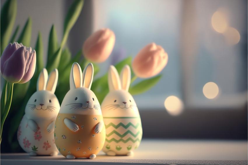 Easter bunnies in the form of eggs and tulips, photo realistic illustration