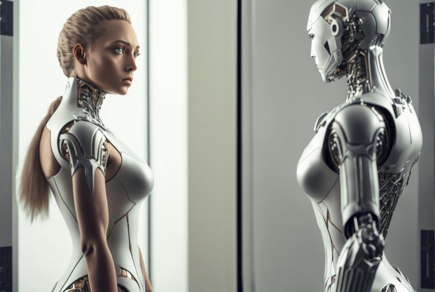 The robot looks at its own reflection