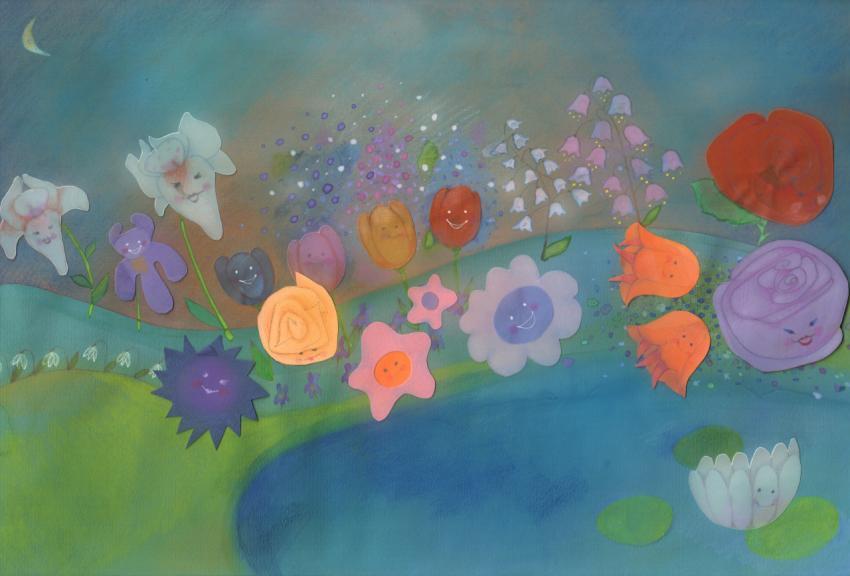 colorful smiling flowers by the lake