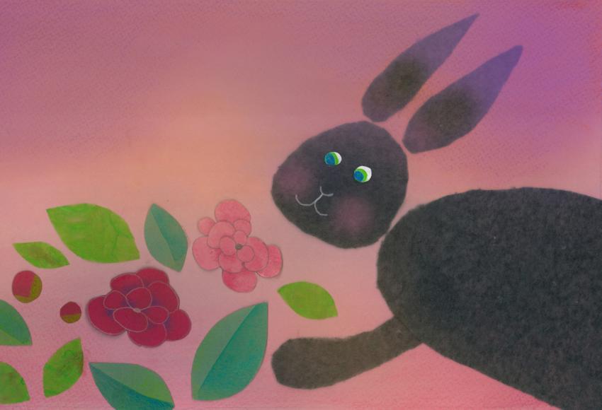 grey rabbit among flowers on pink background