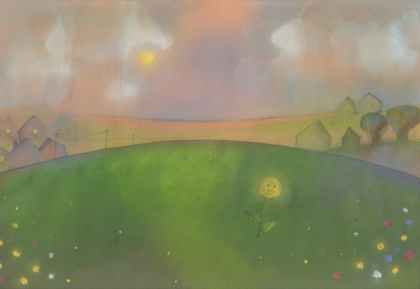 sad yellow dandelion on a green meadow
