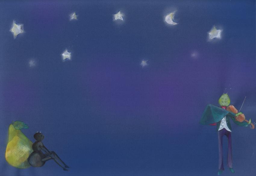 cricket playing violin and ant listening by a pear in a starry night