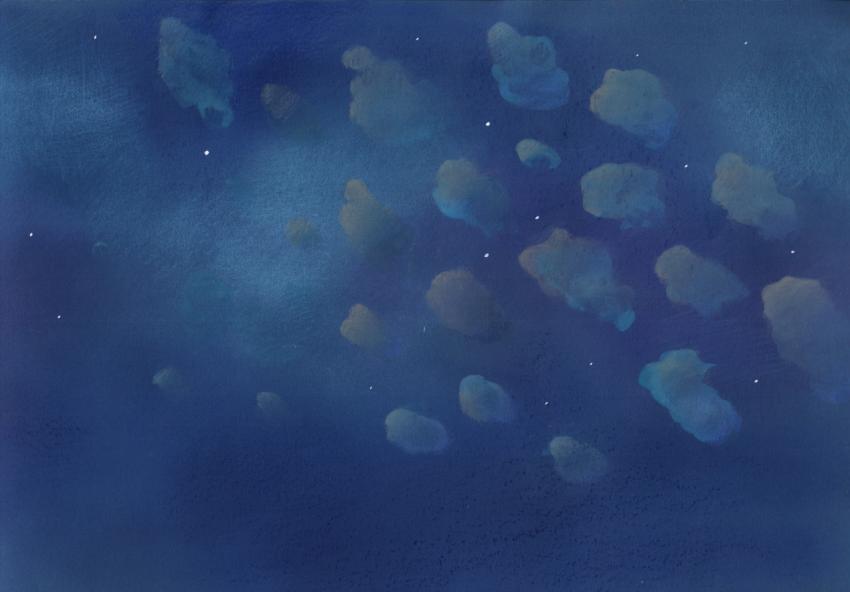 night starry sky with fluffy clouds