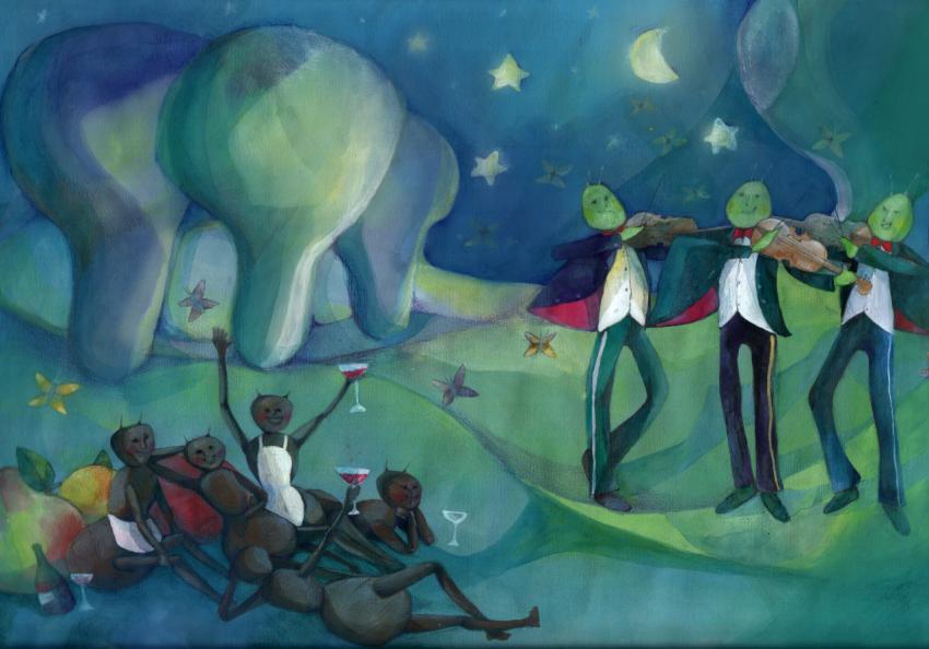 cricket trio playing violins in a starry spring night and ants listening