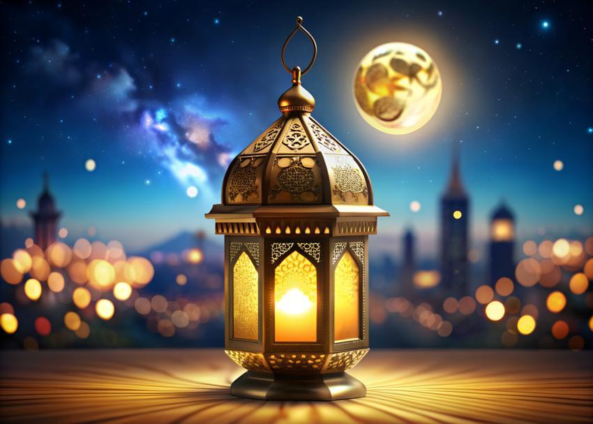 ornamental and golden arabic lantern with moon