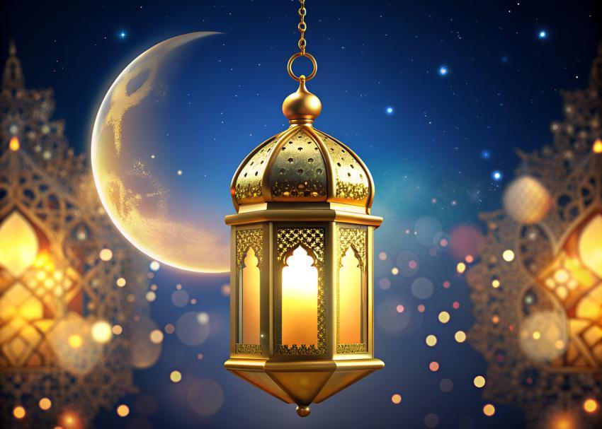 ornamental and golden arabic lantern with moon
