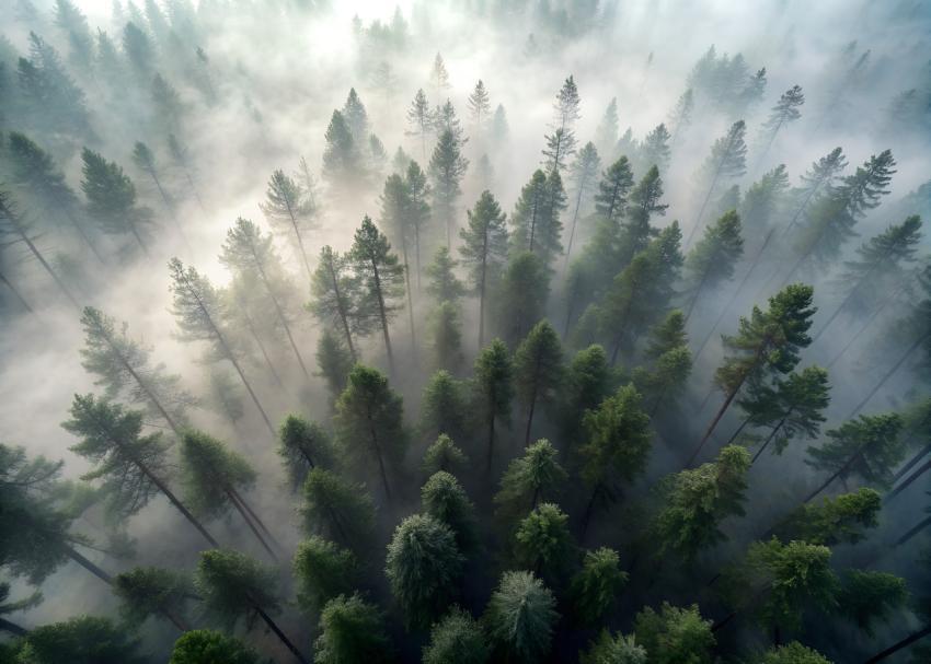 tops of a pine forest in the fog