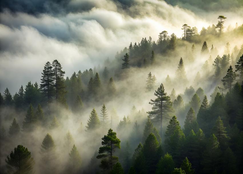 tops of a pine forest in the fog