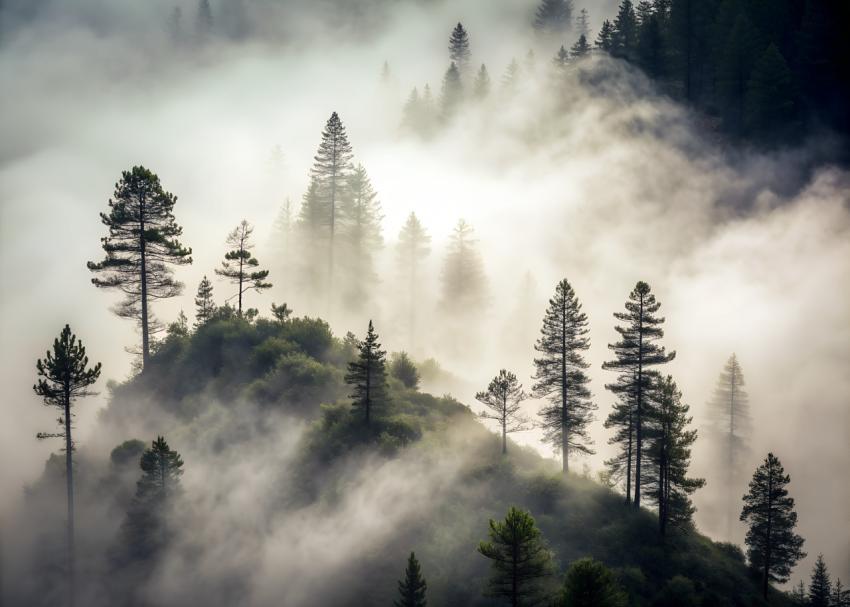 tops of a pine forest in the fog