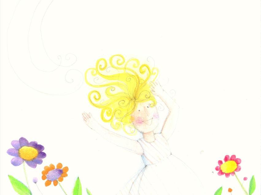 girl among spring flowers