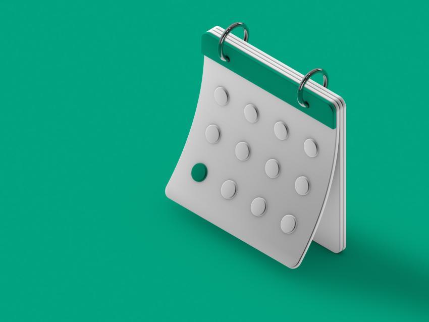 Stylish 3d calendar on a green background. Minimalistic design. 3D illustration, 3D rendering.