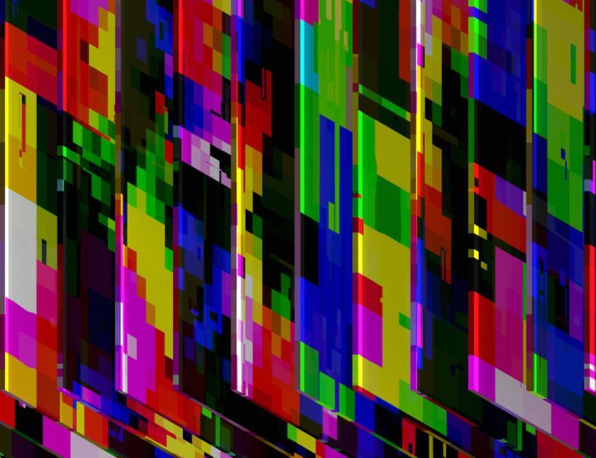 Digital color pixels or glitches in the form of square thin files are located at a distance in close-up at an angle
