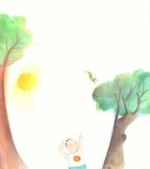 boy pointing to a grasshopper jumping from tree to tree