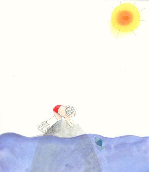boy with a fish net on a rock in the sea
